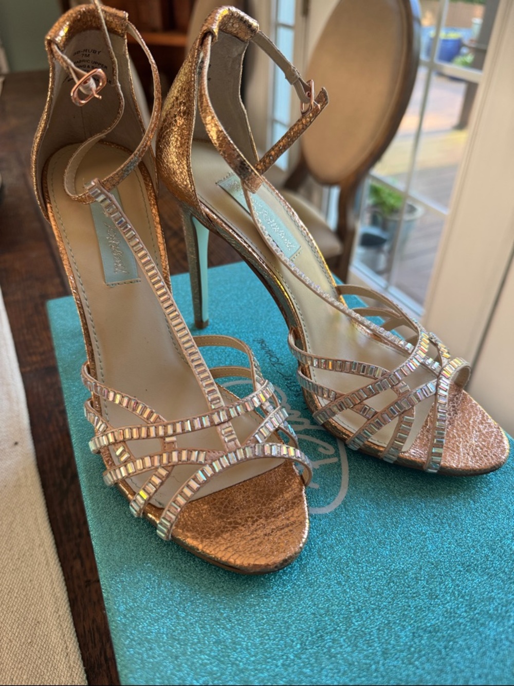 Betsey Johnson Rose Gold Metallic T-Strap Crystal Heel Sandals